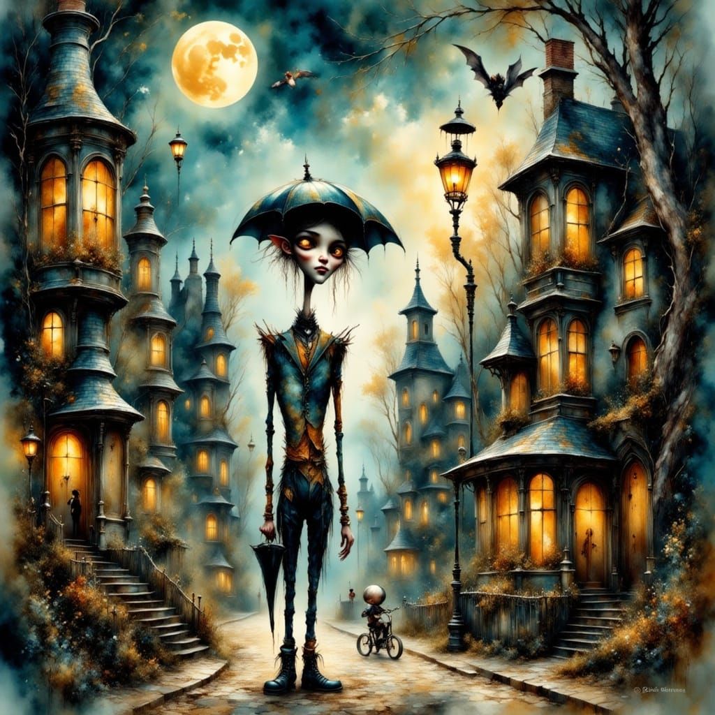 Tim Burton Style: Twisted Victorian Town Illustration
