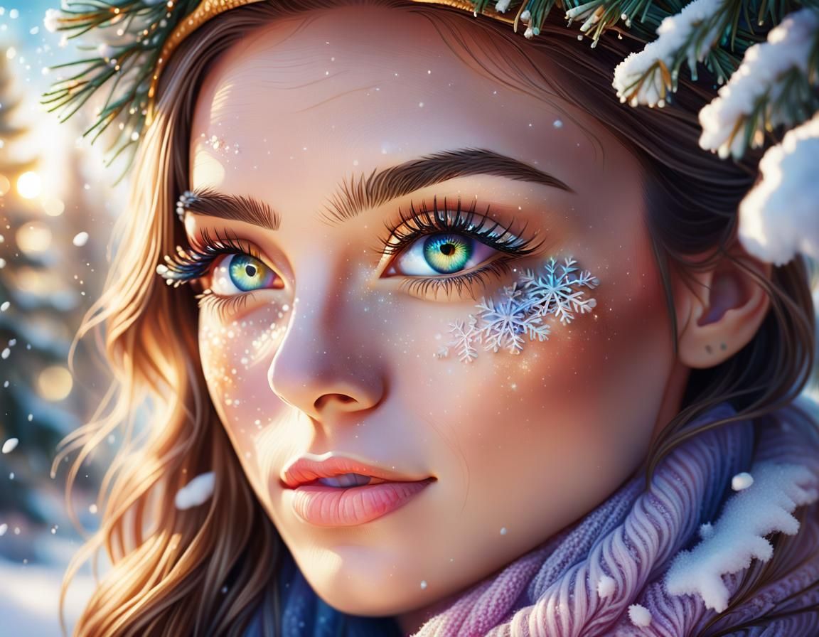 Girl's Eye Reflecting Winter, Hyperrealistic Digital Art