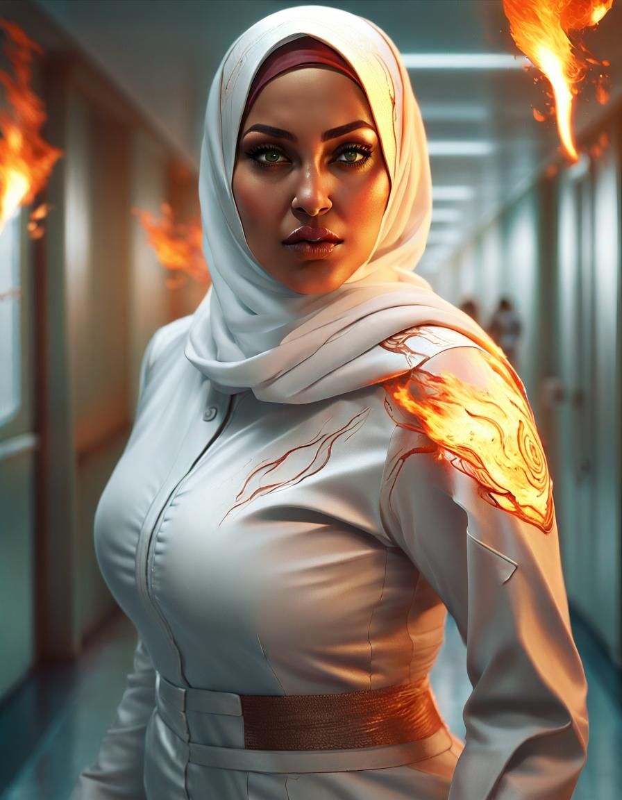 Fierce Hijabi Woman in Burning Hospital Corridor