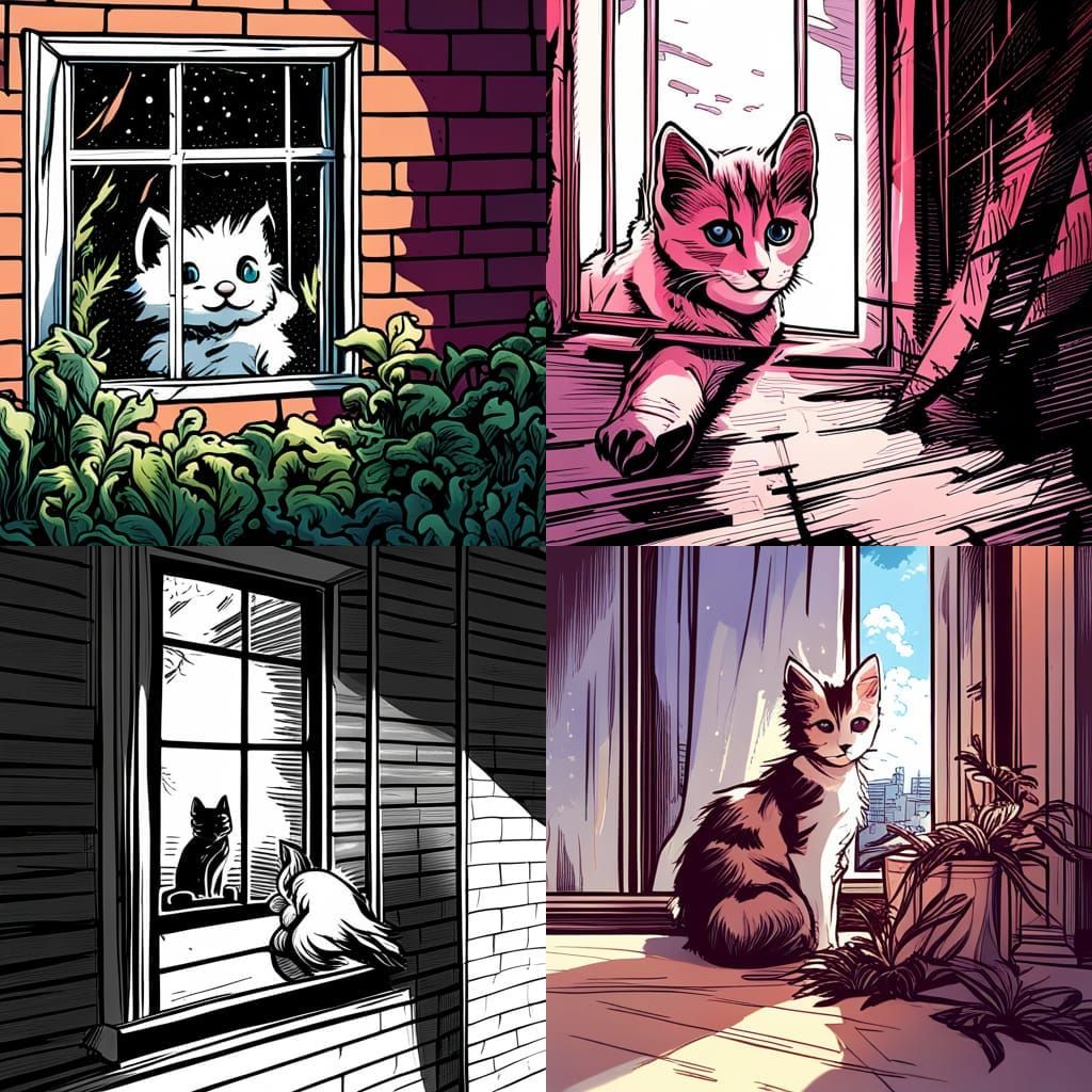 Comic Book Kitten in Window Black Outline Drawing