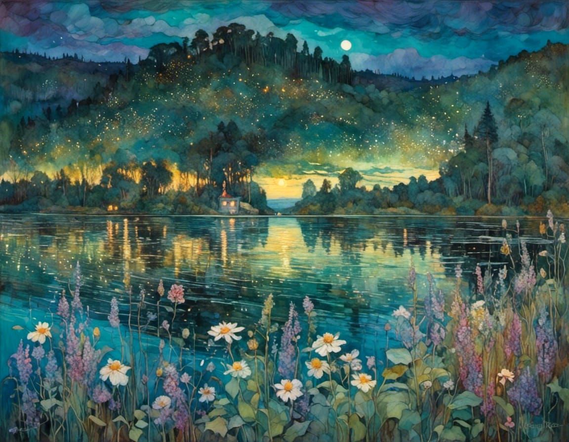 Swedish Lake Midsummer Night in Art Nouveau Style