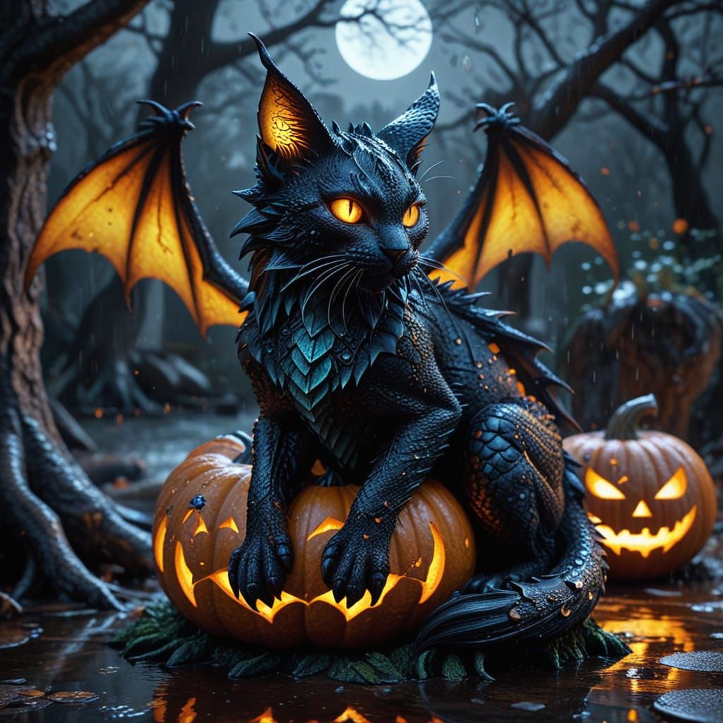 Gothic Dragon-Cat Hybrid on Pumpkin in Dark Fantasy Art