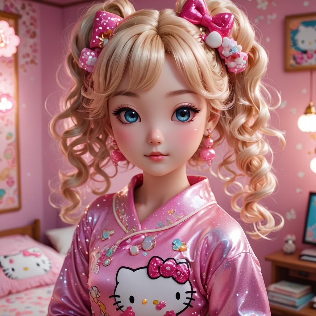 Sparkling Hello Kitty Girl in Anime Style