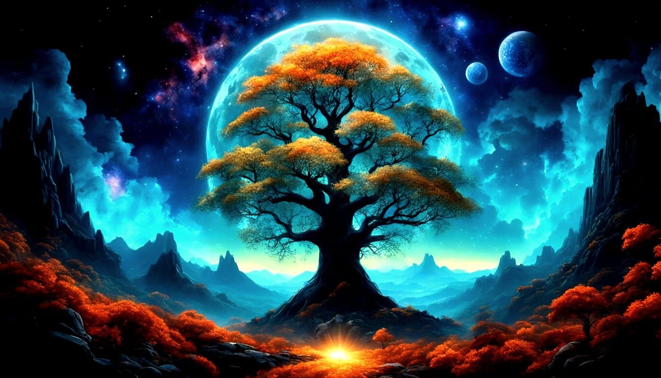 Bioluminescent Tree of Life in Mountain Valley Night Sky