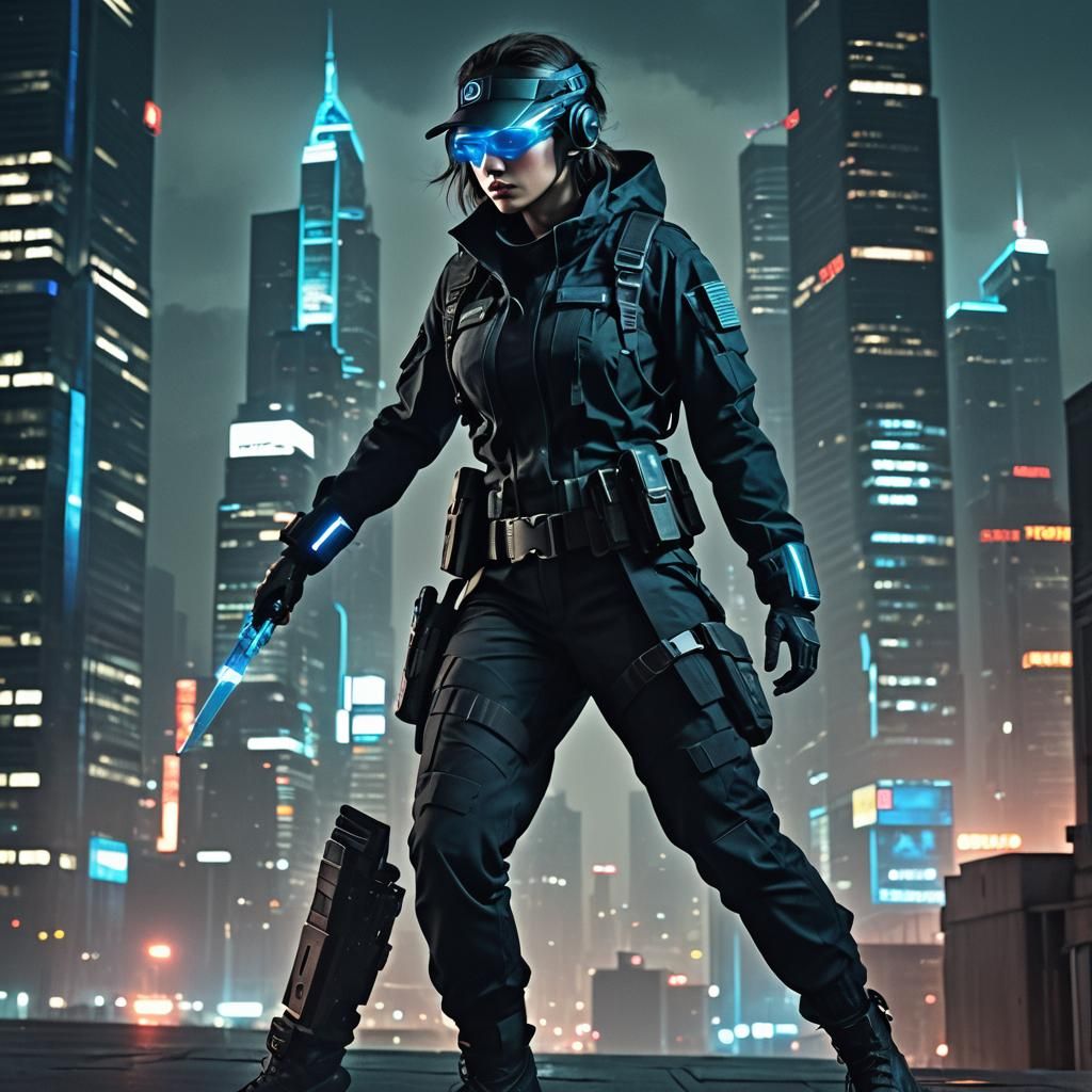 Stealthy NSA Operative in Cyberpunk Cityscape
