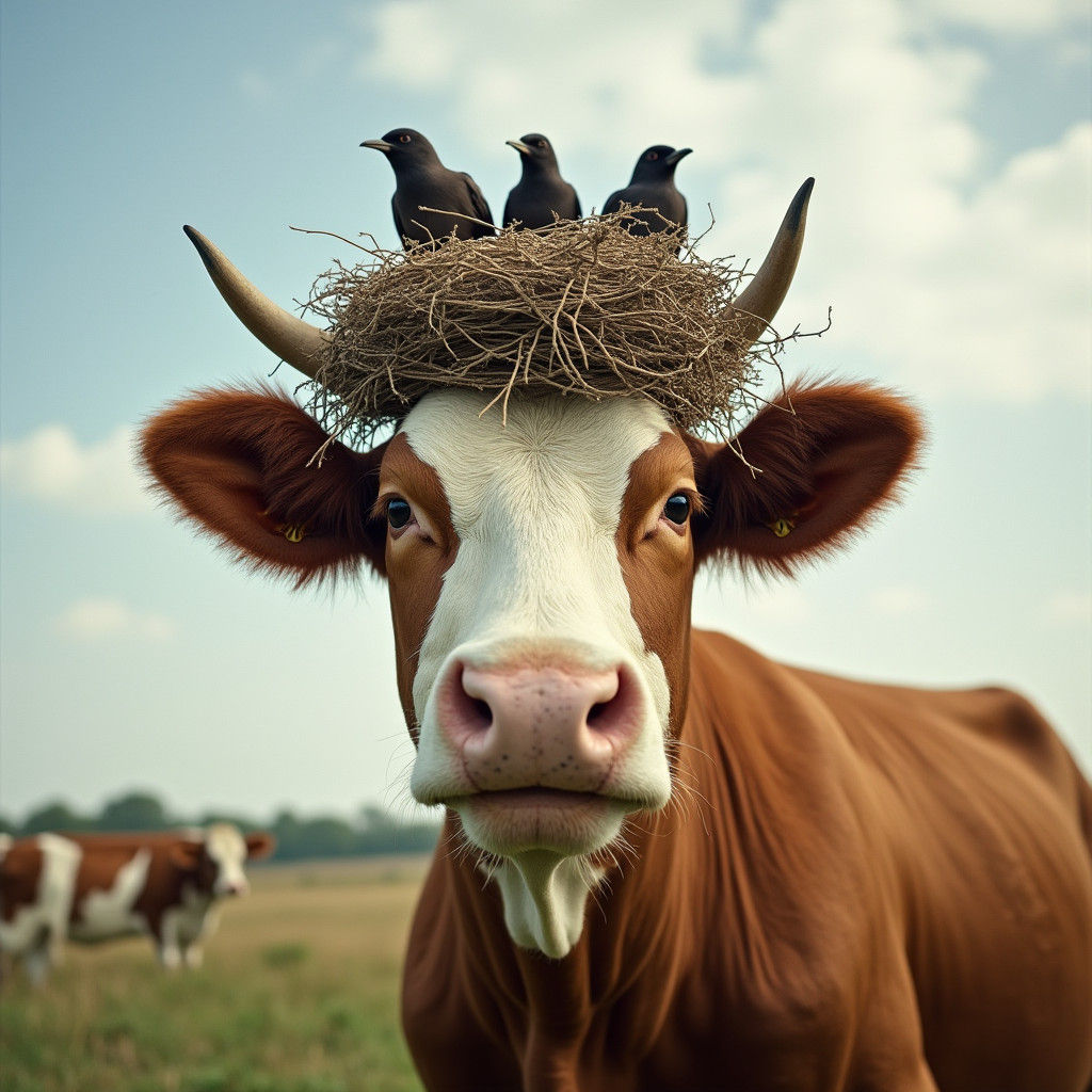 Funny Cow with Birds Nest on Head
