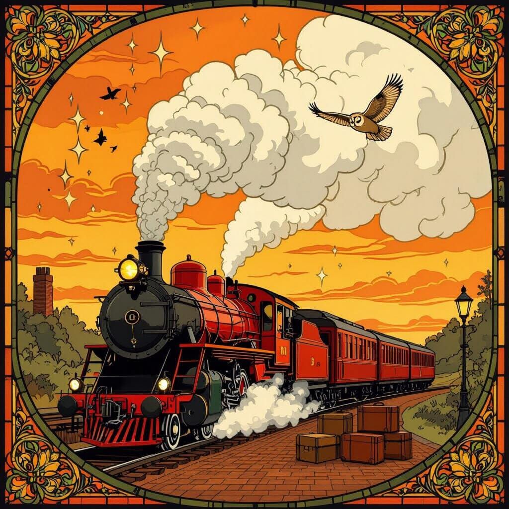 Magical Train in Stained Glass Style