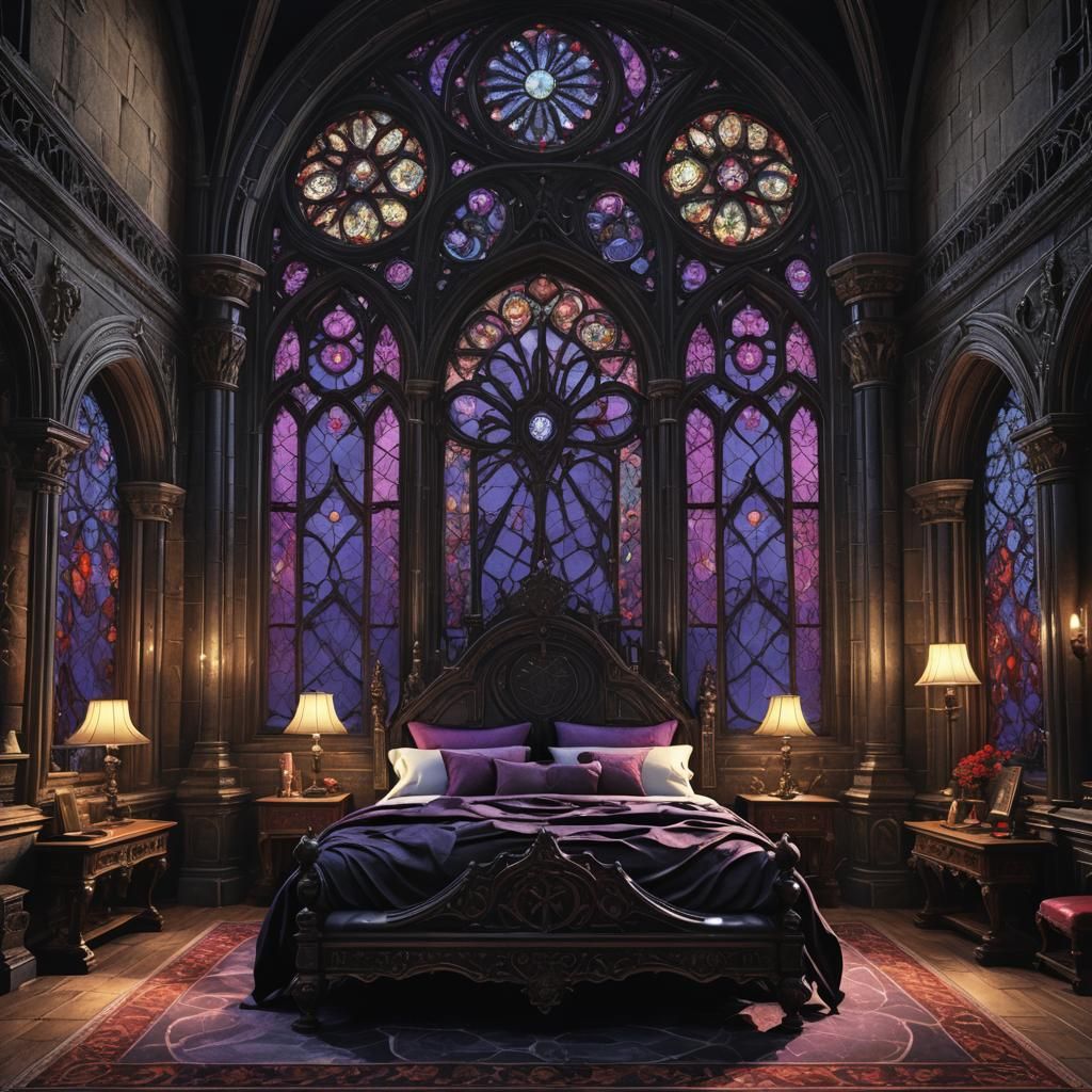 cama de matrimonio en un castillo gótico con las paredes neg...