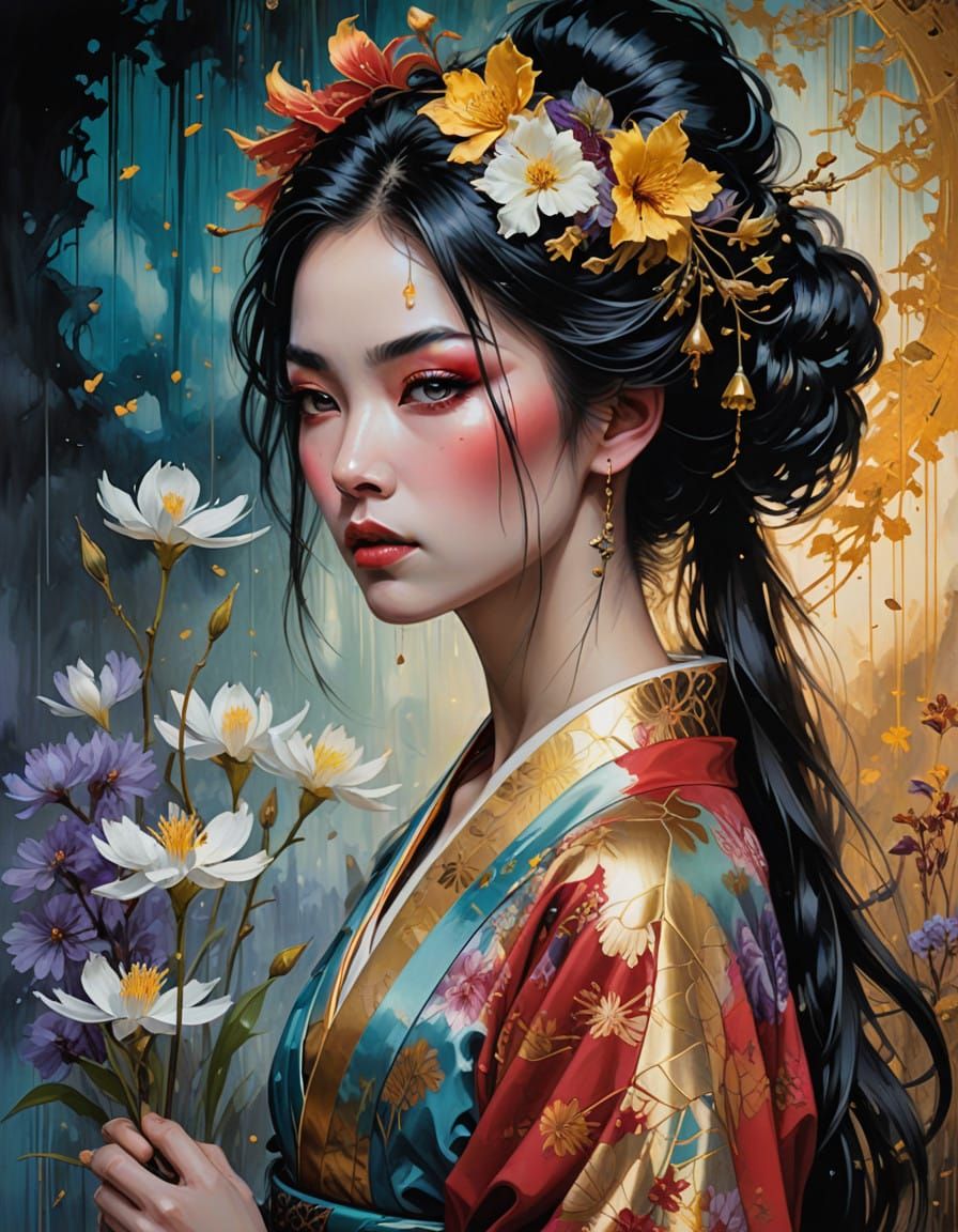 Ethereal Geisha in Mystical, Starry Ambiance