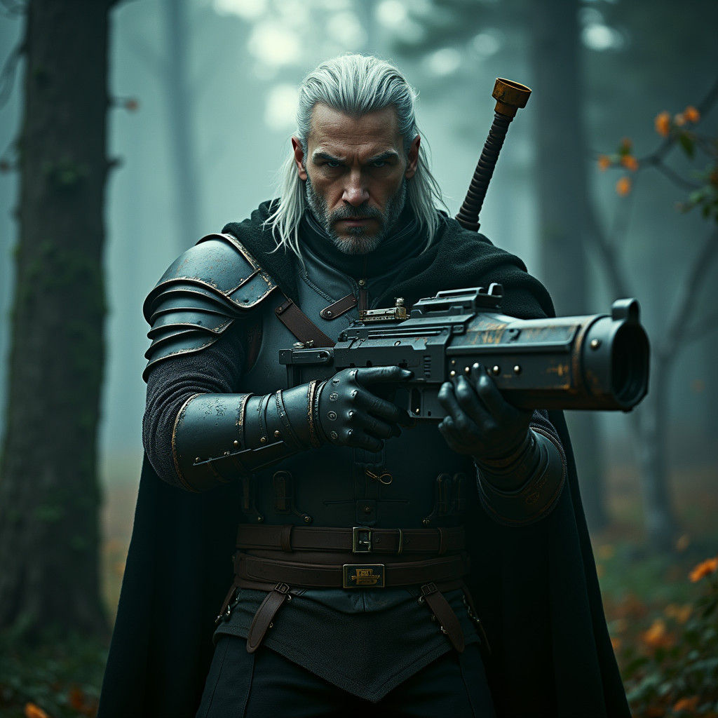 Geralt of Rivia with Laser Gun: Cinematic Film Still