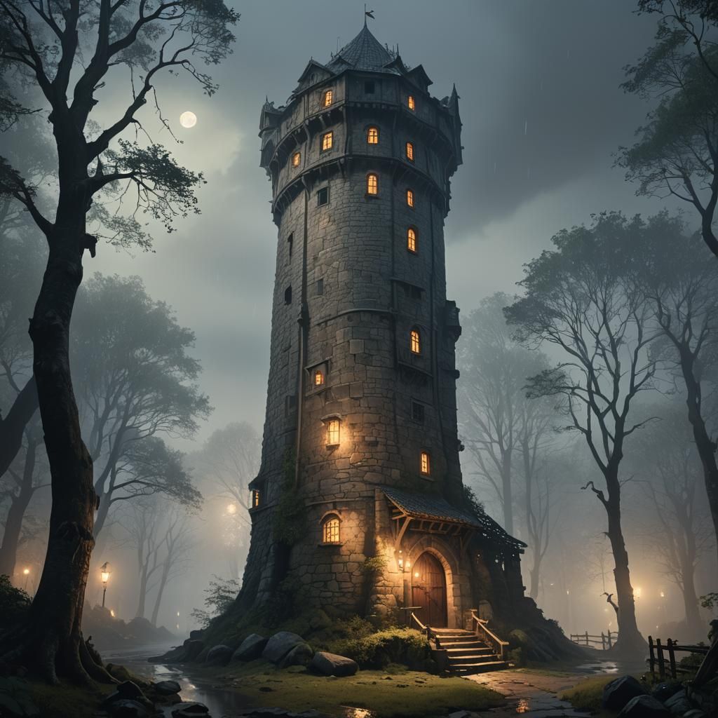 Mystical Medieval Tower in Rainy Forest: Fantasy Art