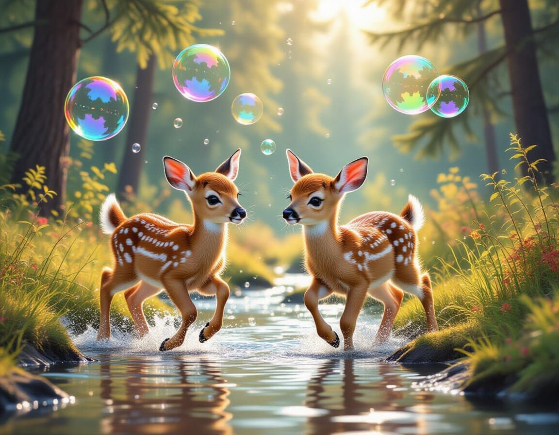 Fawns Playing in Sunlit Forest with Soap Bubbles