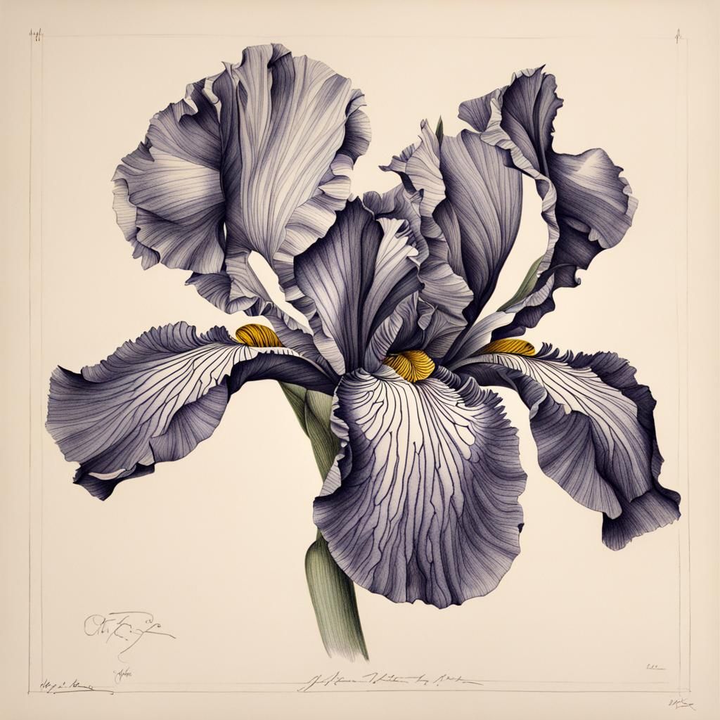 Detailed Botanical Ink Drawing of an Iris Flower
