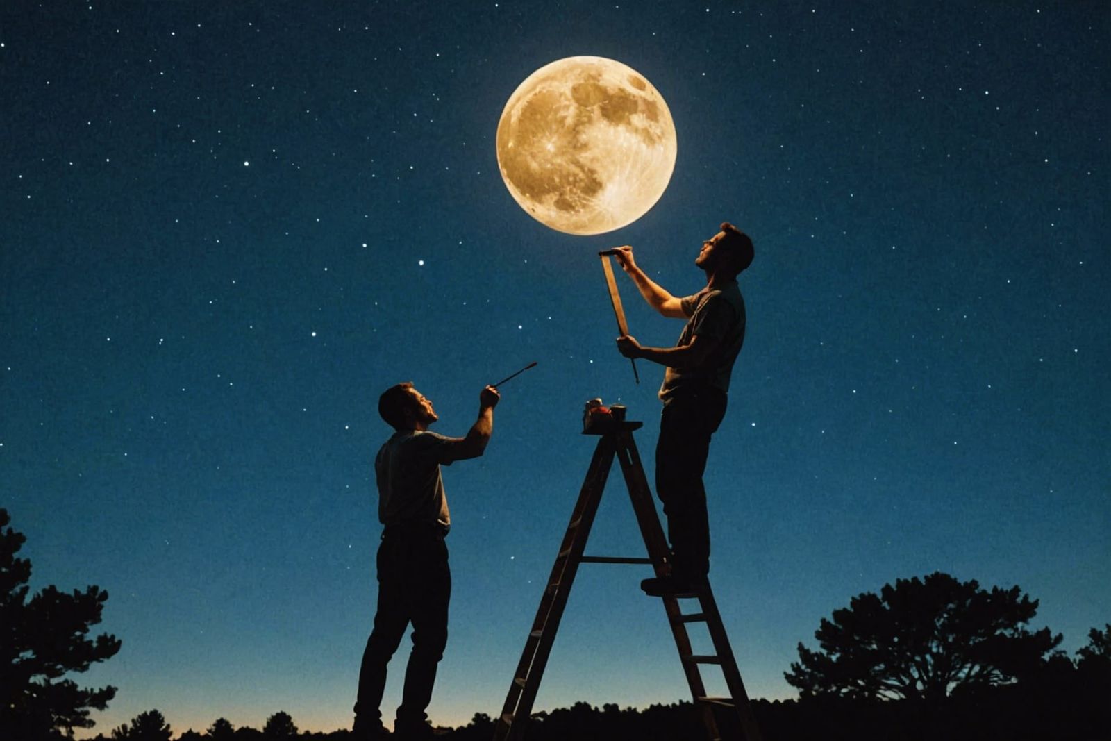 Man Paints Moon in Night Sky