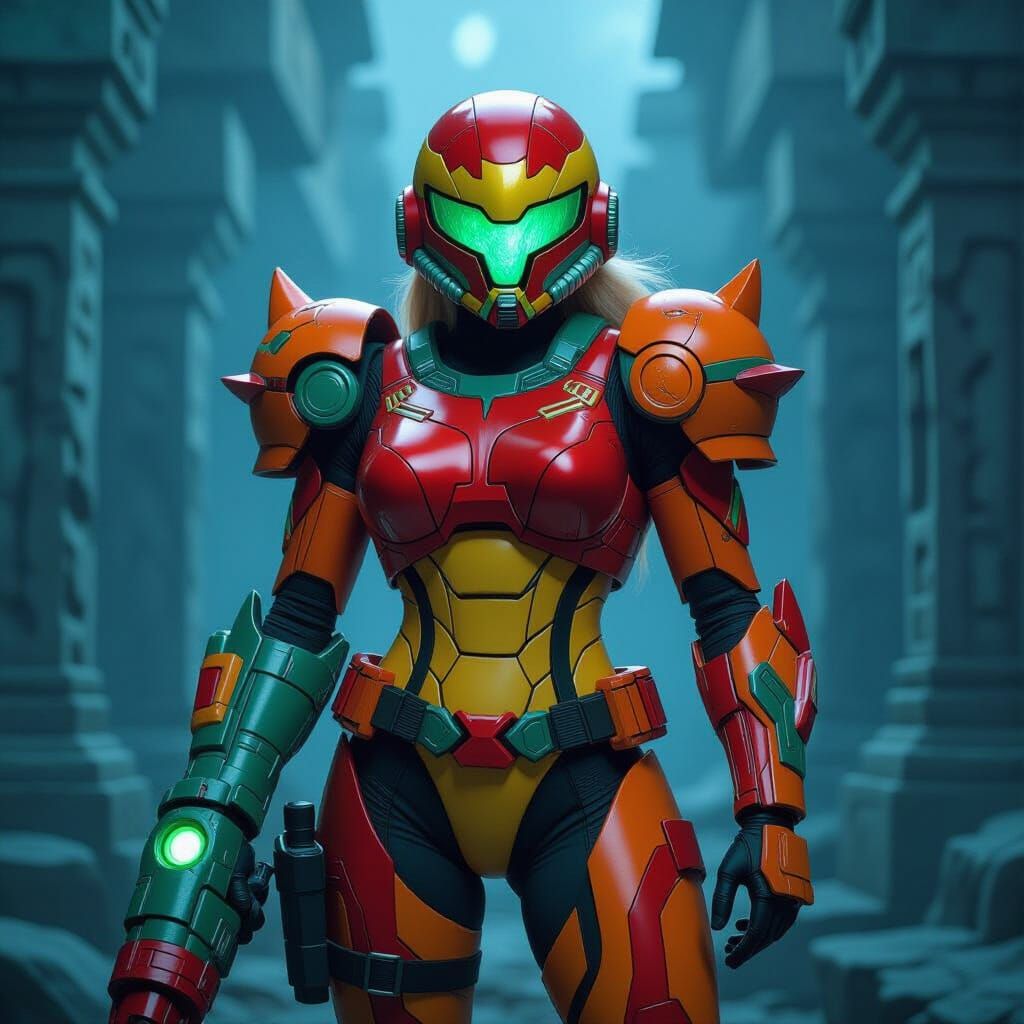 Samus Aran in Varia Suit Against Alien Ruins