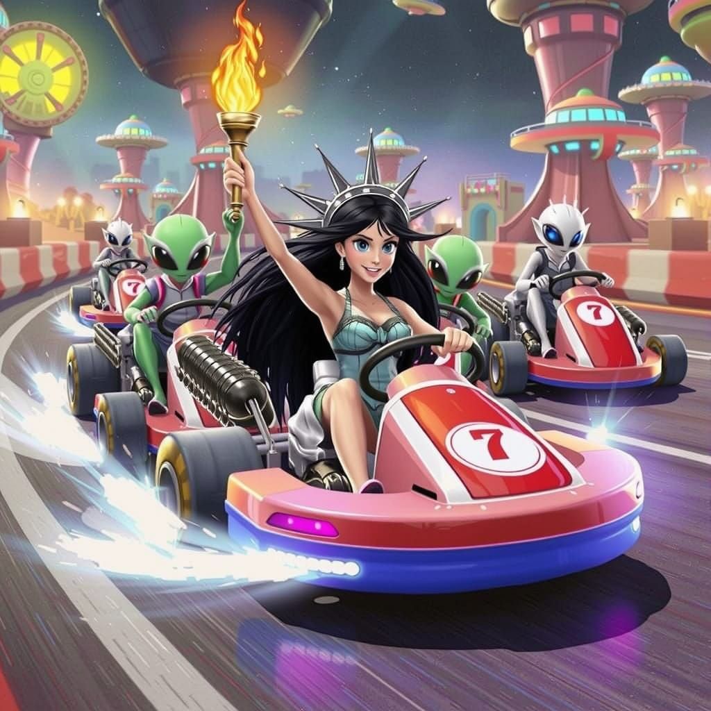 Liberty Goddess Races Aliens in Go-Karts