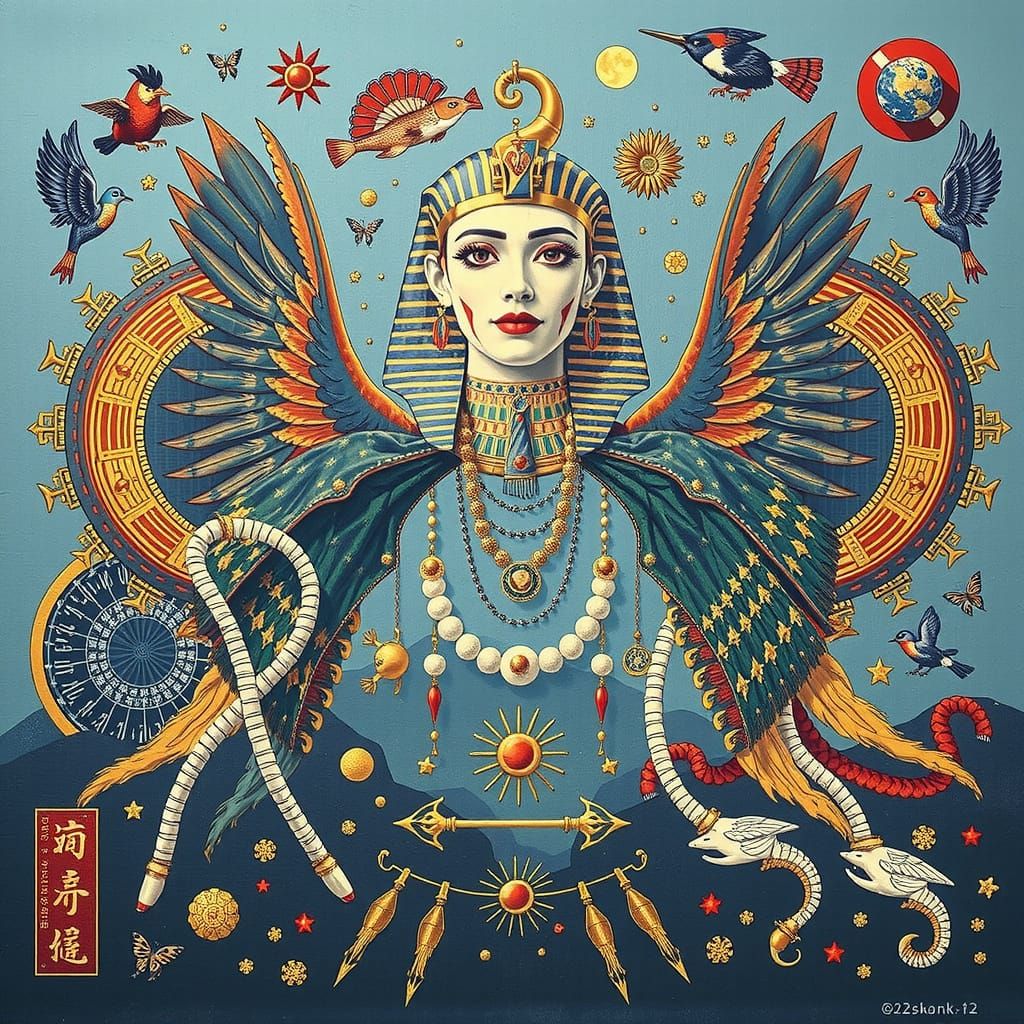 Photorealistic Tutankhamun Harlequin Geisha in Red