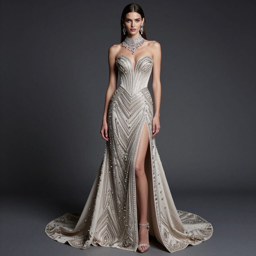 Glamorous Woman Portrait in Embroidered Gown