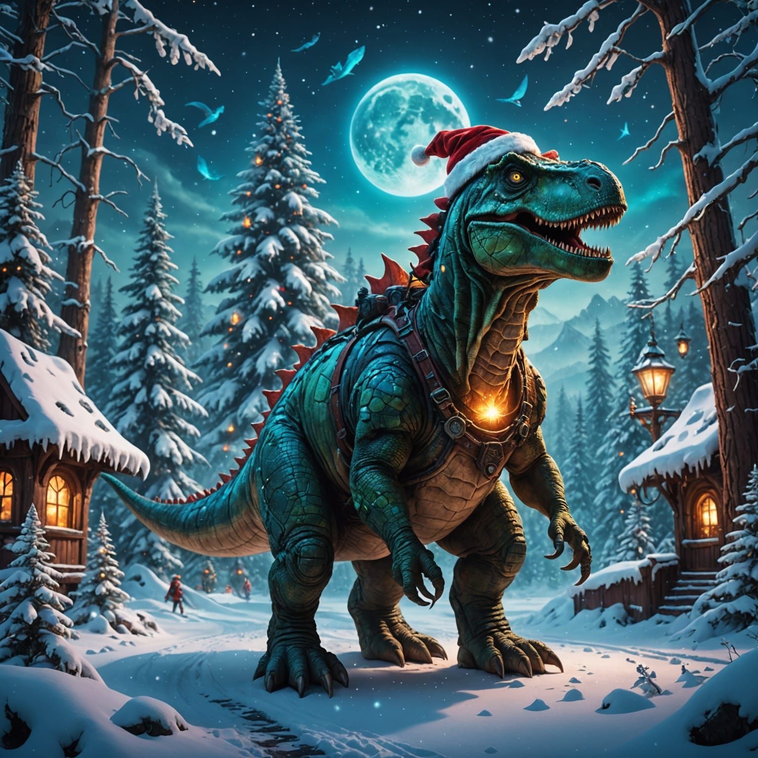 Dinosaur Santa in Whimsical Winter Wonderland