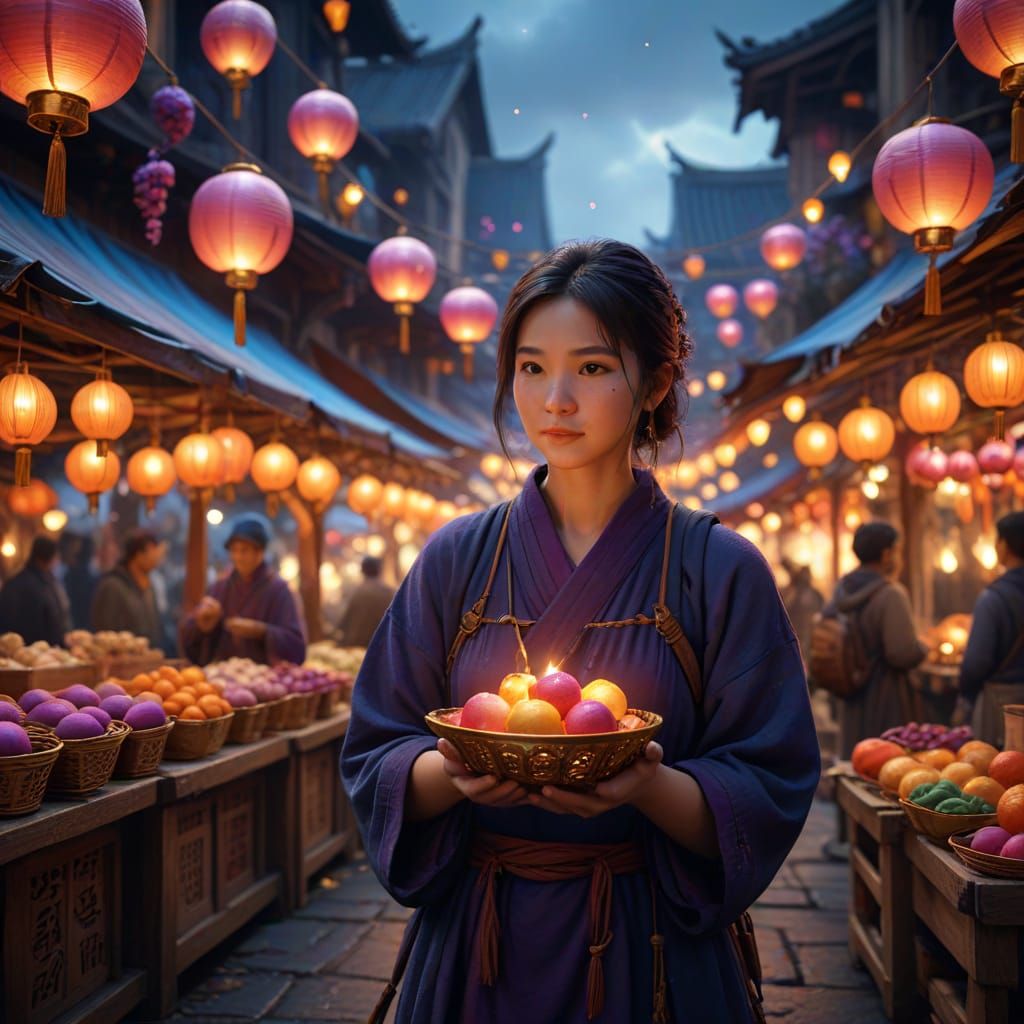 Mochi in a Vibrant Fantasy Marketplace