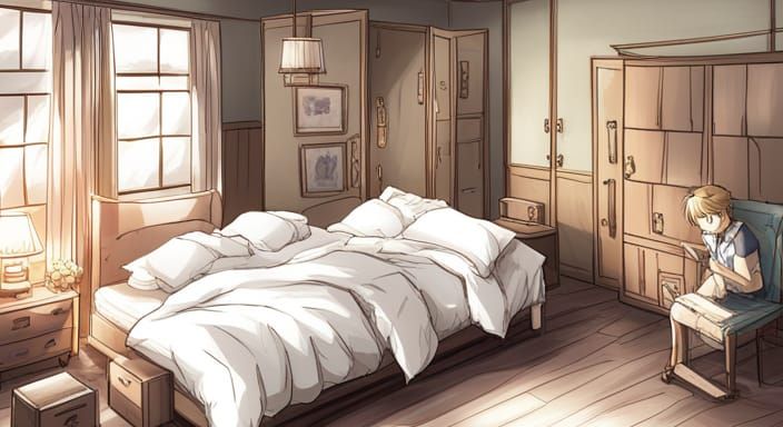 Anime Style Bedroom with Large Bed