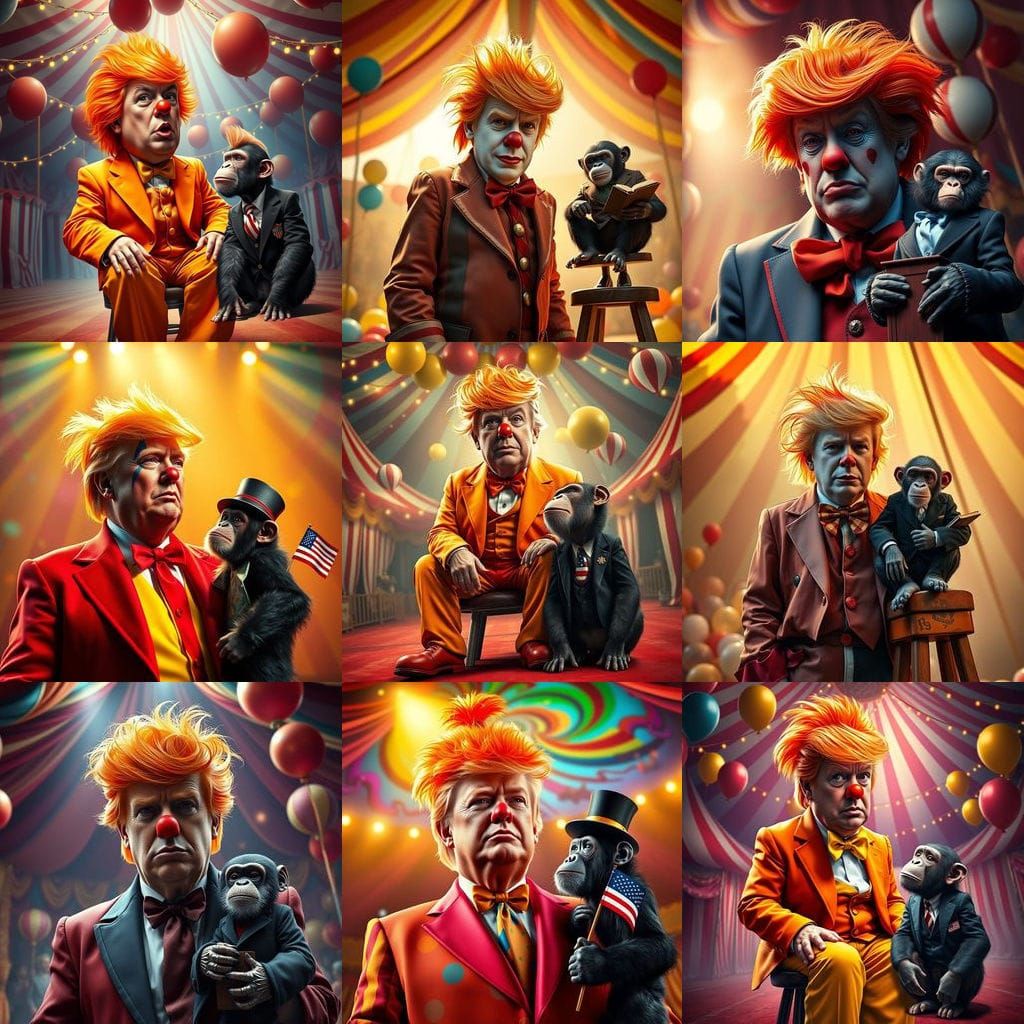 Trump as Circus Clown with Vance as Chimpanzee in Big Top