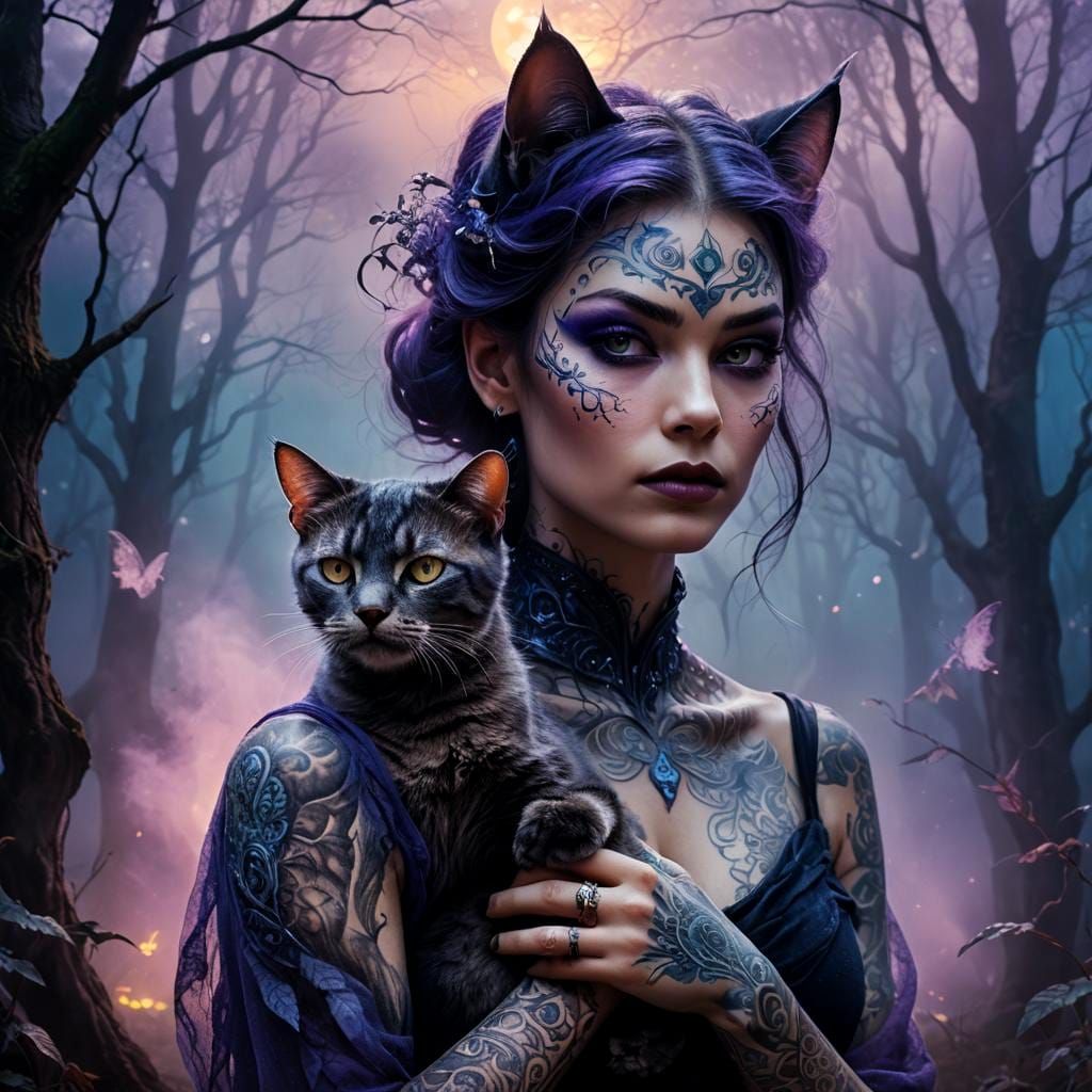 Ethereal Cat Woman with Pet Cat, Fantasy Art