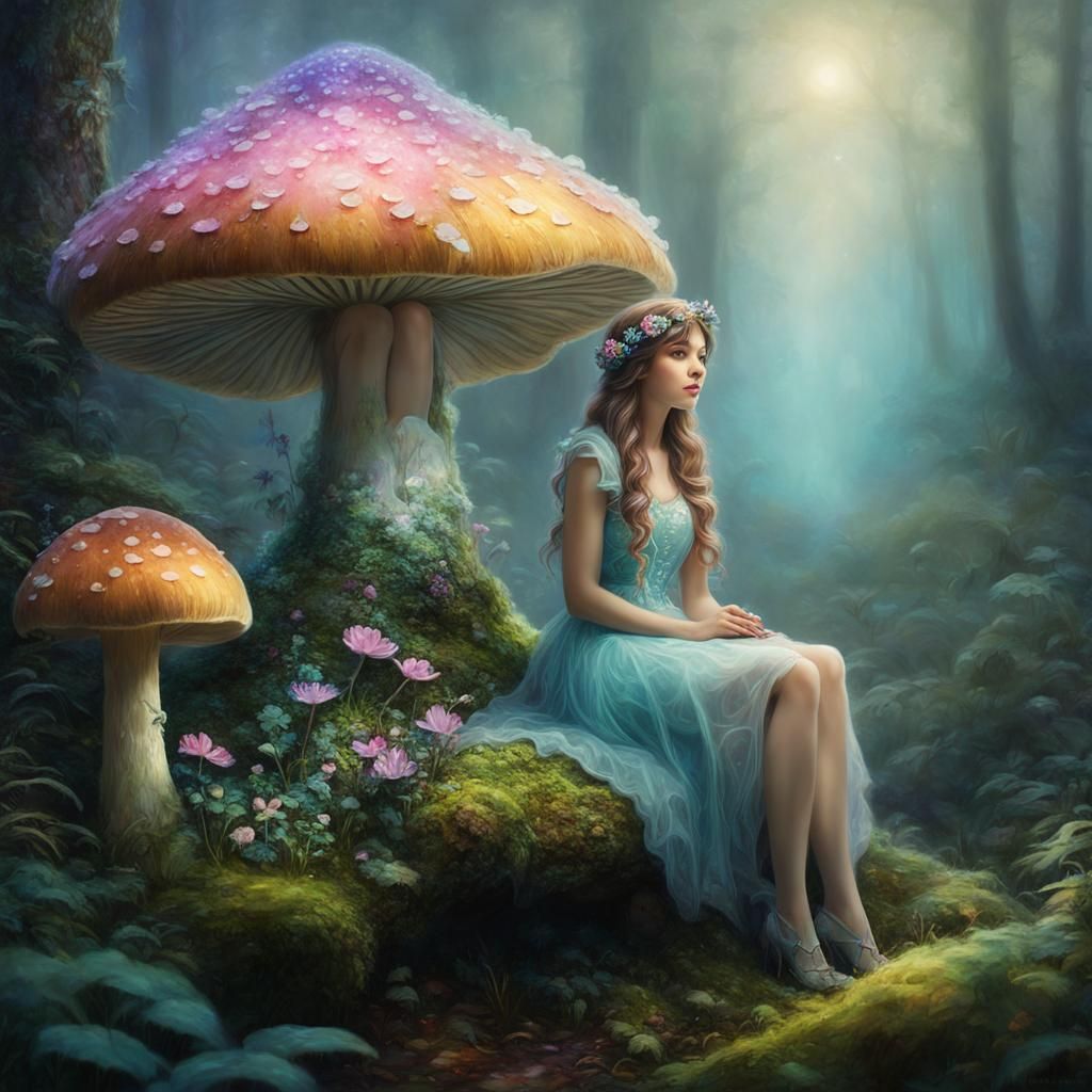 Enchanting Fairy on Mushroom: Ethereal Fantasy Art