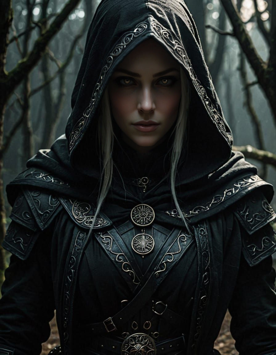 Albino Elf Rogue-Wizard in Black Robes at Night