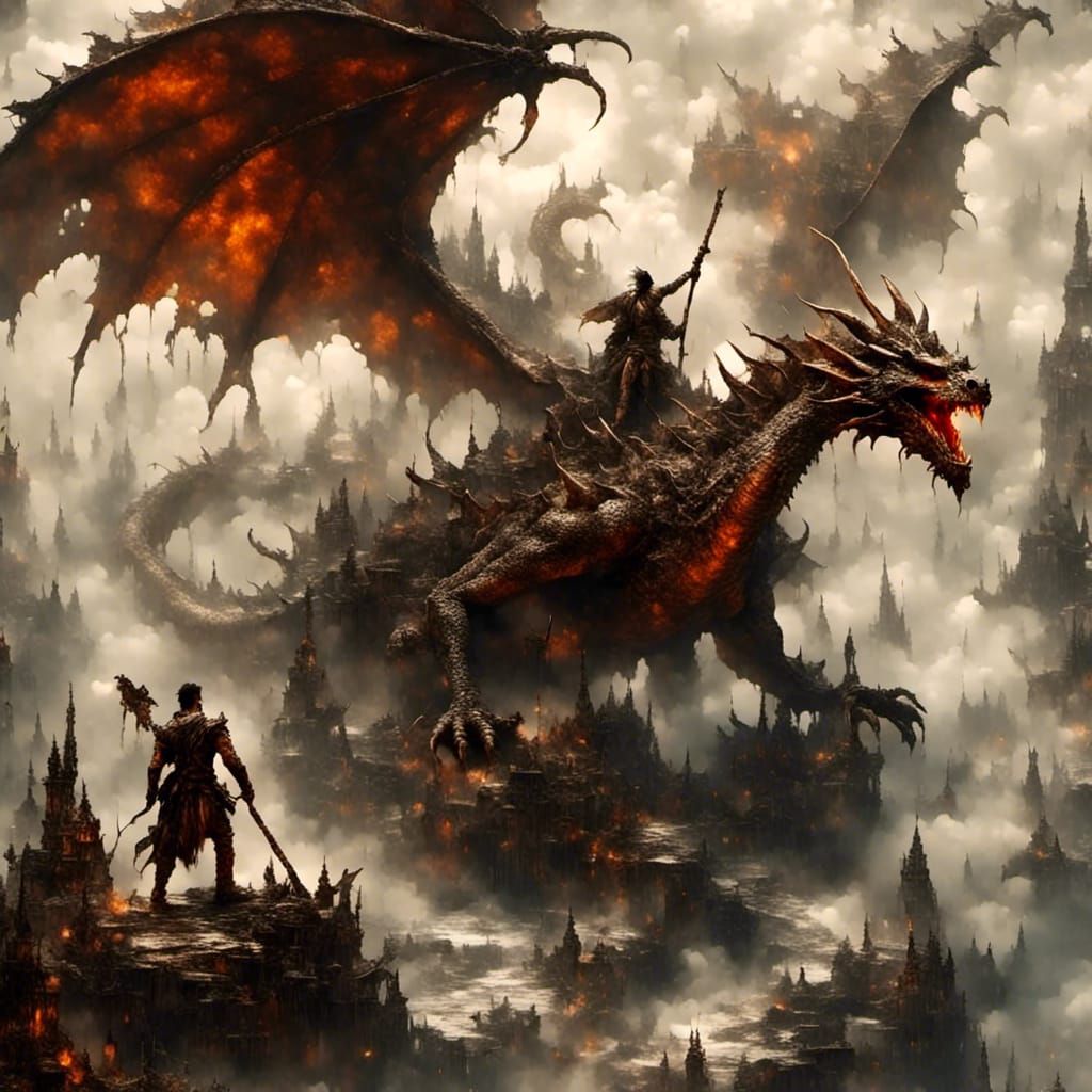Dragon and Warrior in Thick Fog