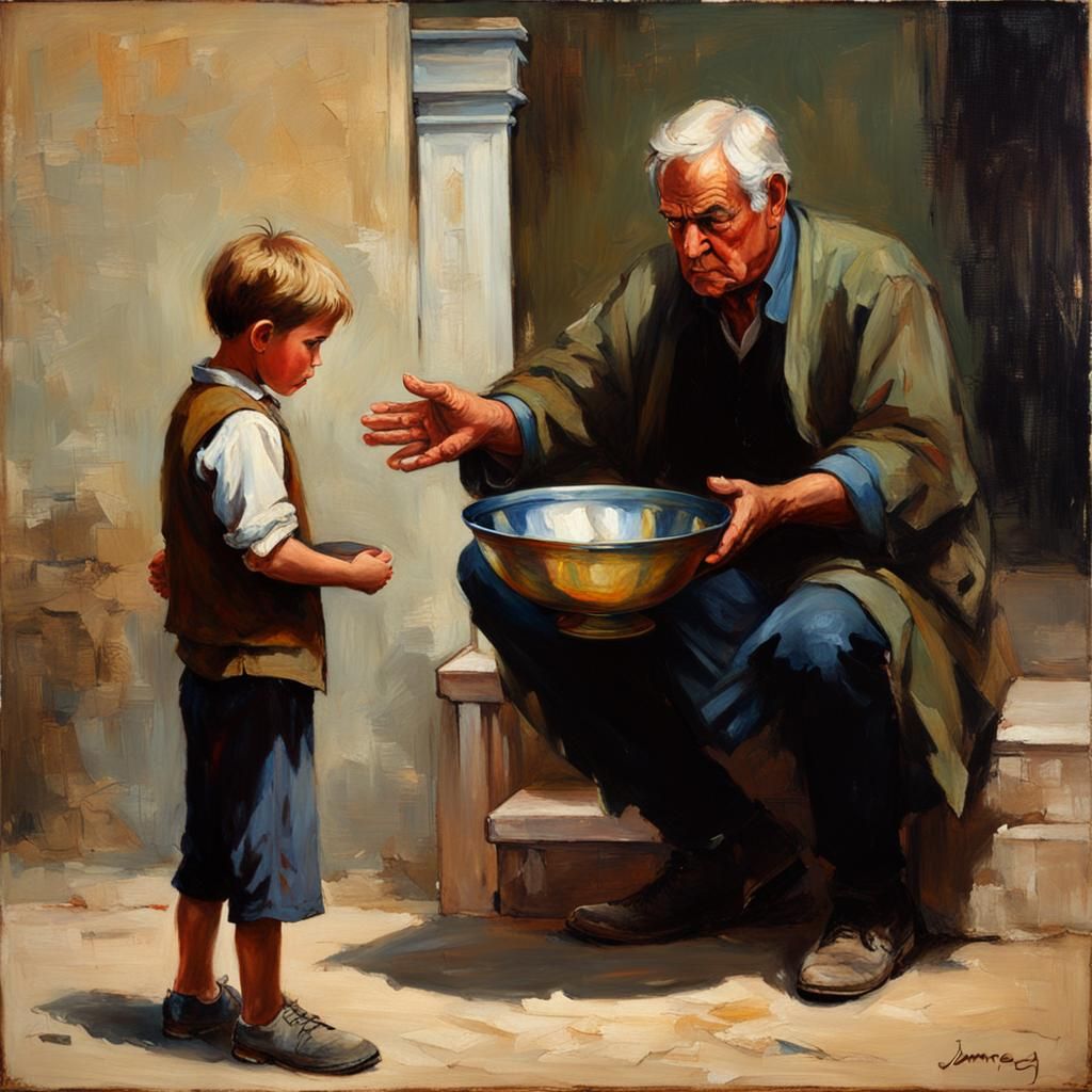 Pleading Boy with Bowl, in Oil Painting Style
