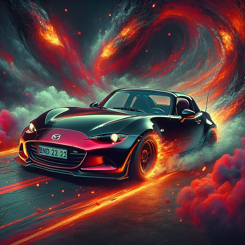 Fiery Mazda Miata Drifting: Detailed Matte Painting