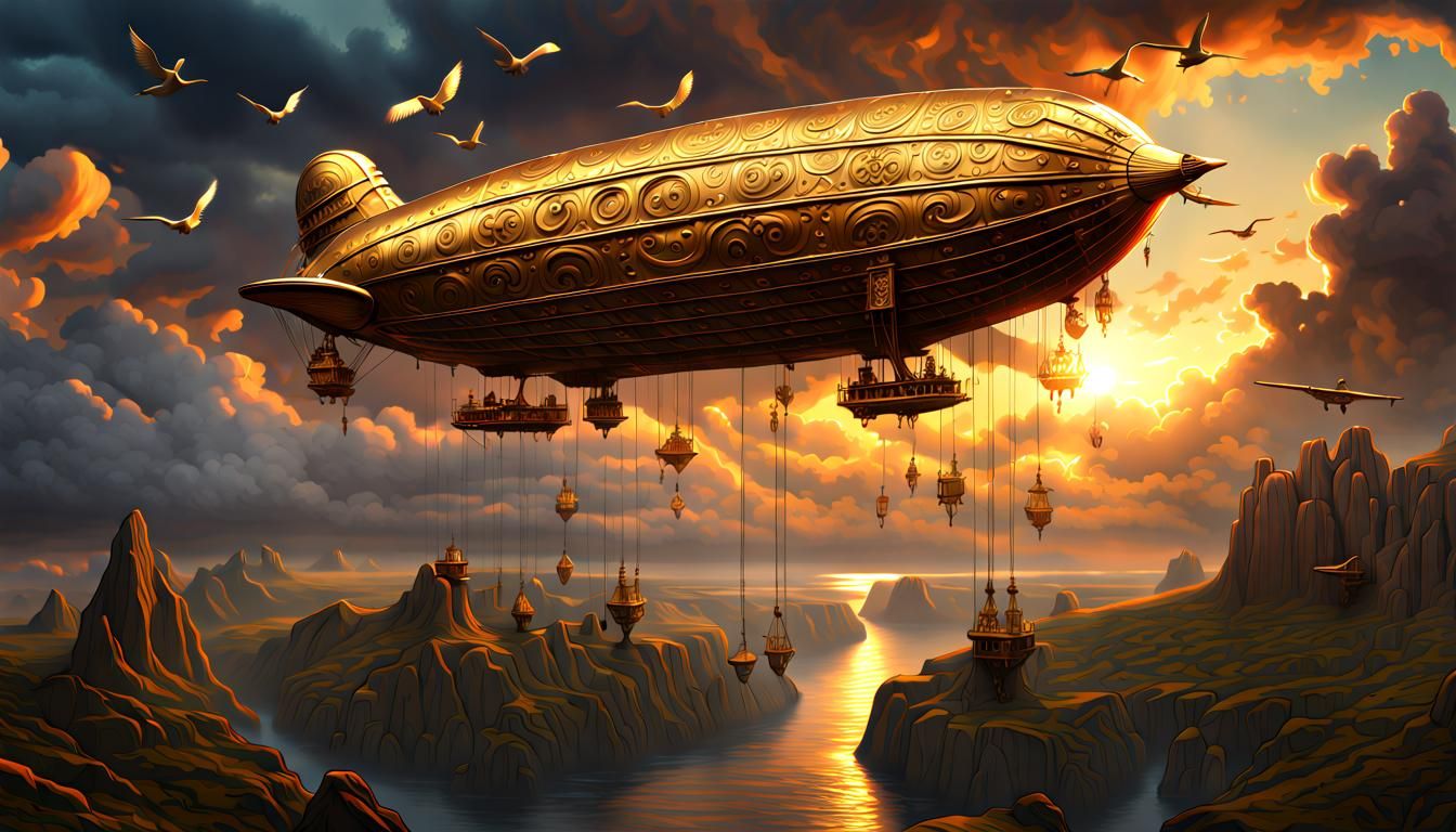 Golden Runed Airship at Sunrise: Digital Masterpiece
