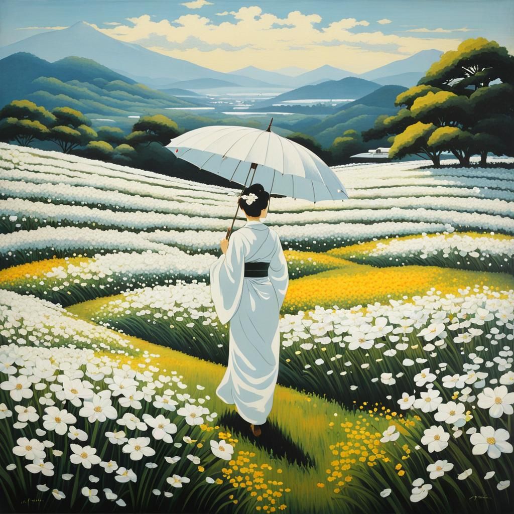 Geisha in White Dress Walking Through White Flower Field