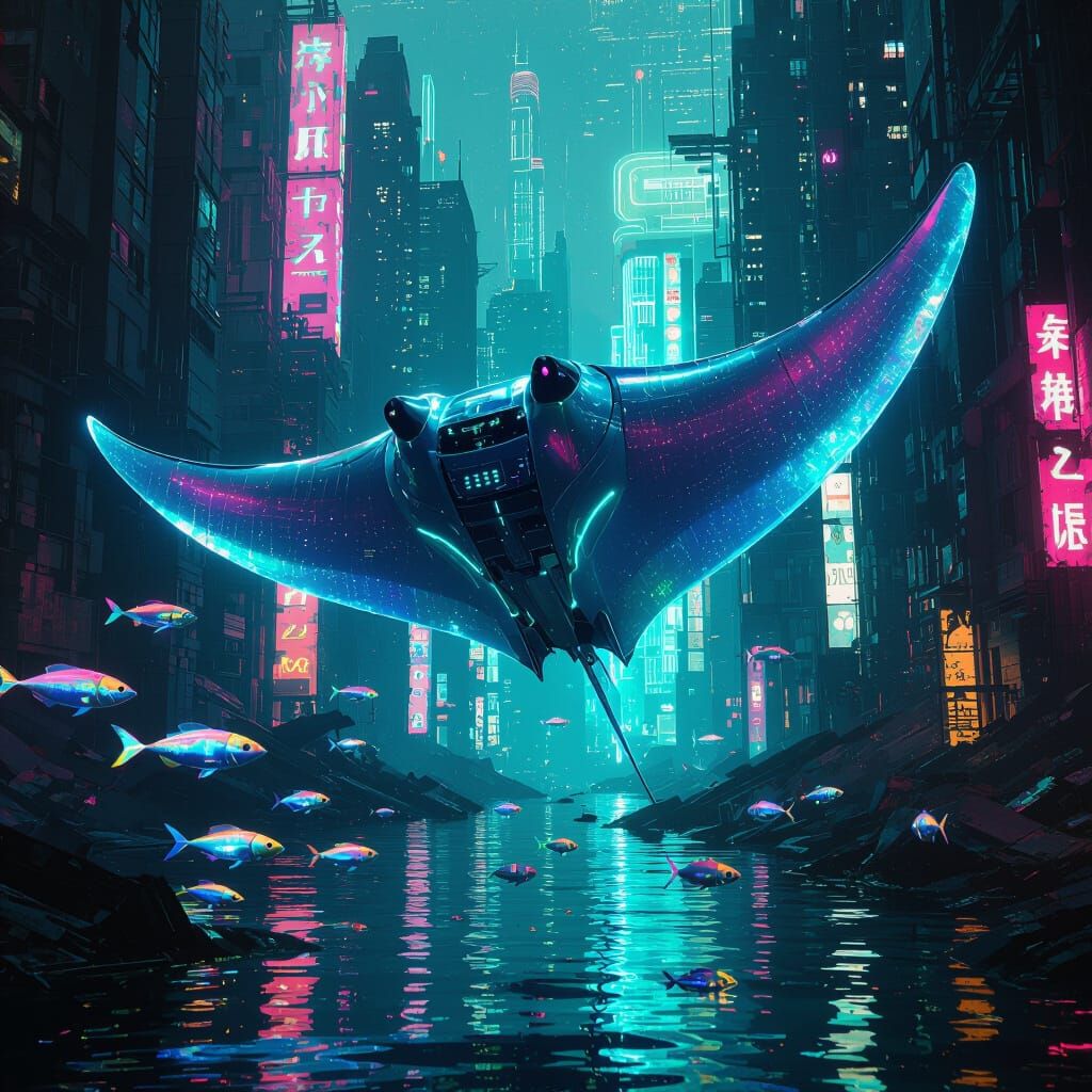 Bioluminescent Manta Ray in Submerged Cyberpunk City