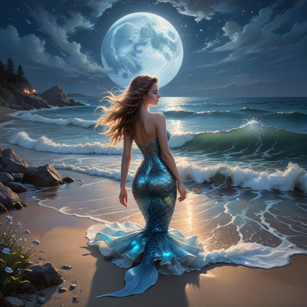 Bioluminescent Mermaid Under Moonlight: Ethereal Summer Nigh...