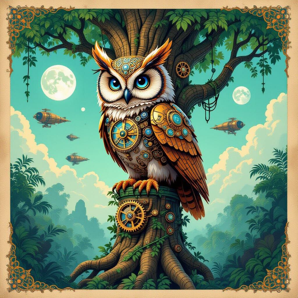 Clockwork Owl on Ancient Tree in Steampunk Jungle
