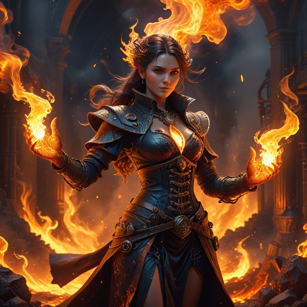 Steampunk Sorceress Casting Lava Magic in Oil Painting