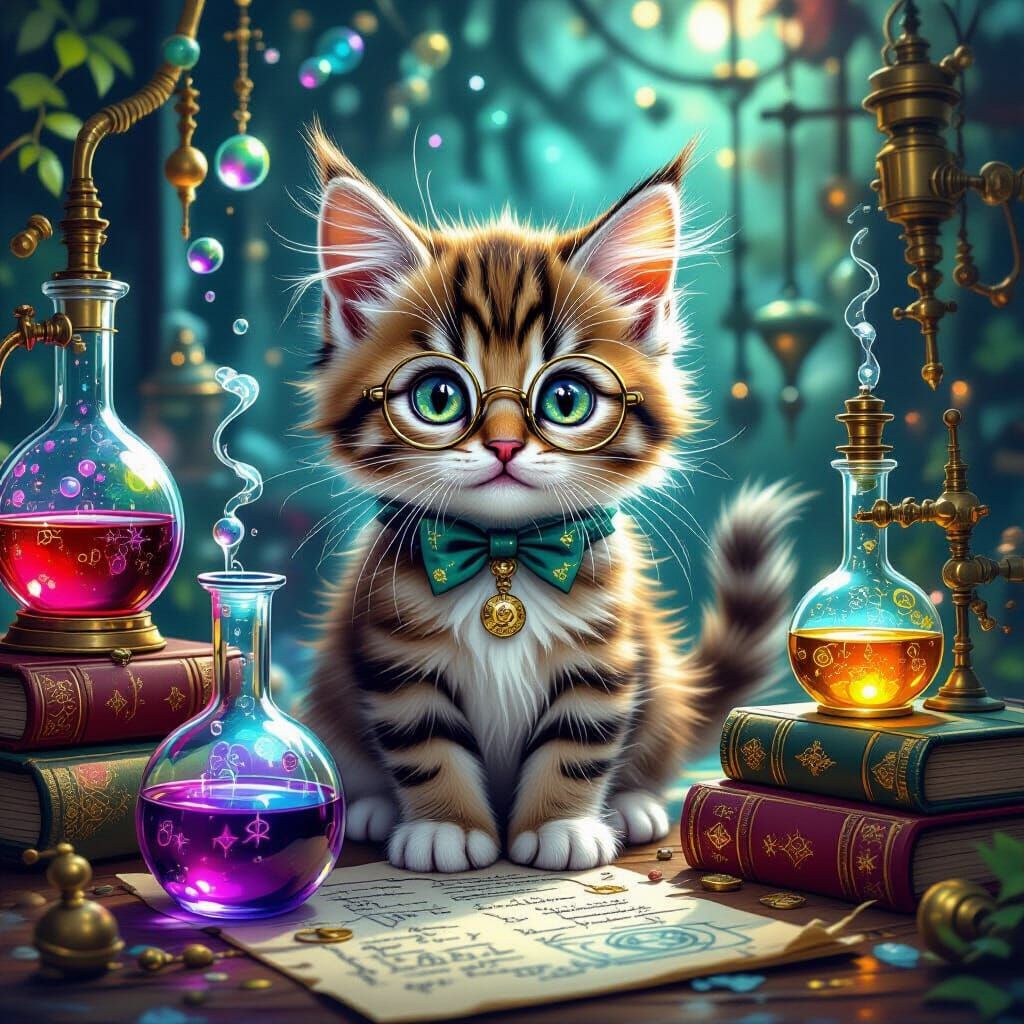 Whimsical Kitten in Surreal Magical Laboratory