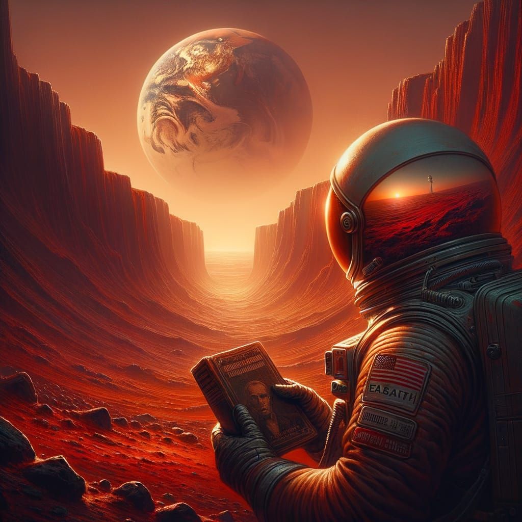 Astronaut on Mars Reads Sci-Fi Book, Earth Rises