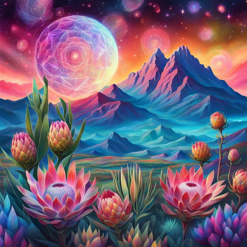 Cosmic Countryside: Proteas and Mountains in Astral Illustra...