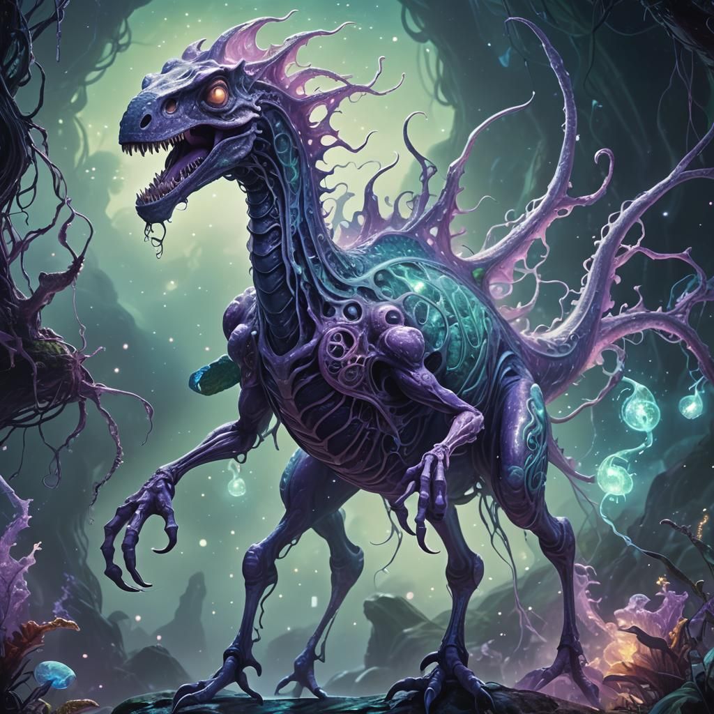 Mystical Purple Amoeba Creature in Dreamlike Landscape