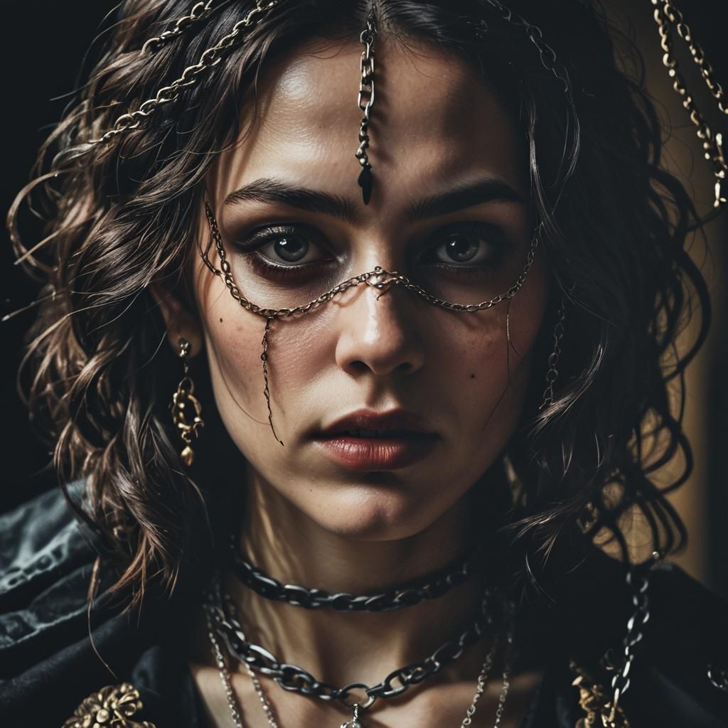 Mysterious Woman Portrait with Baroque Chain Detail