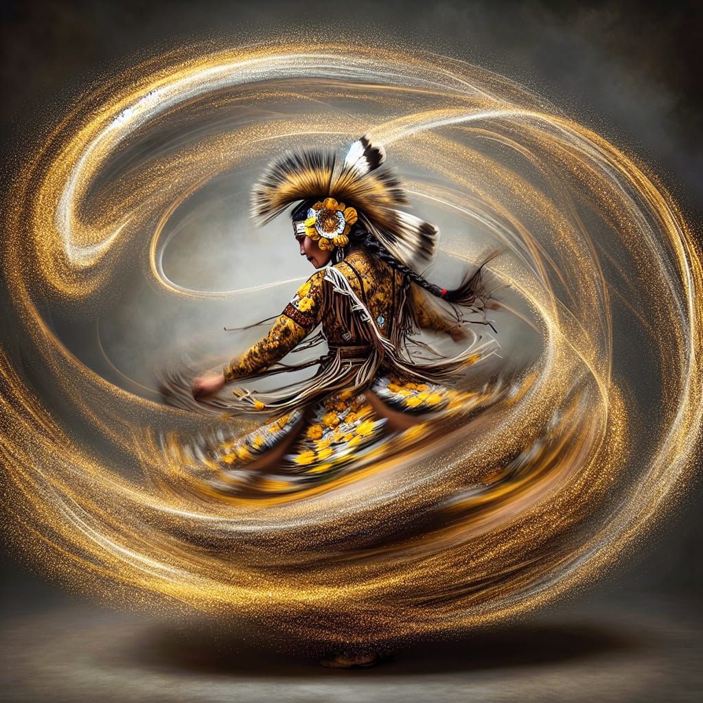 Native American Woman Dancing in Traditional Ojibwe Floral D...