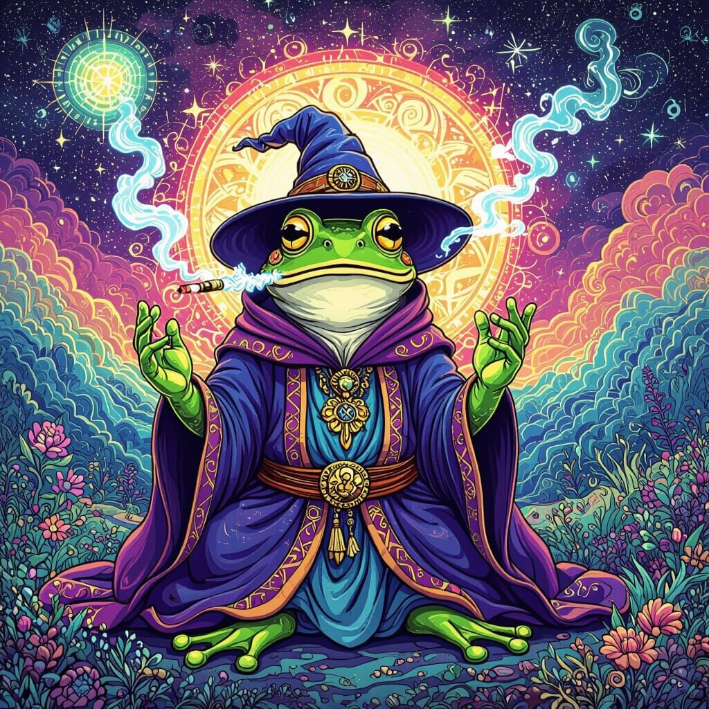 Frog Wizard Smoking Joint in Cosmic Astral Landscape