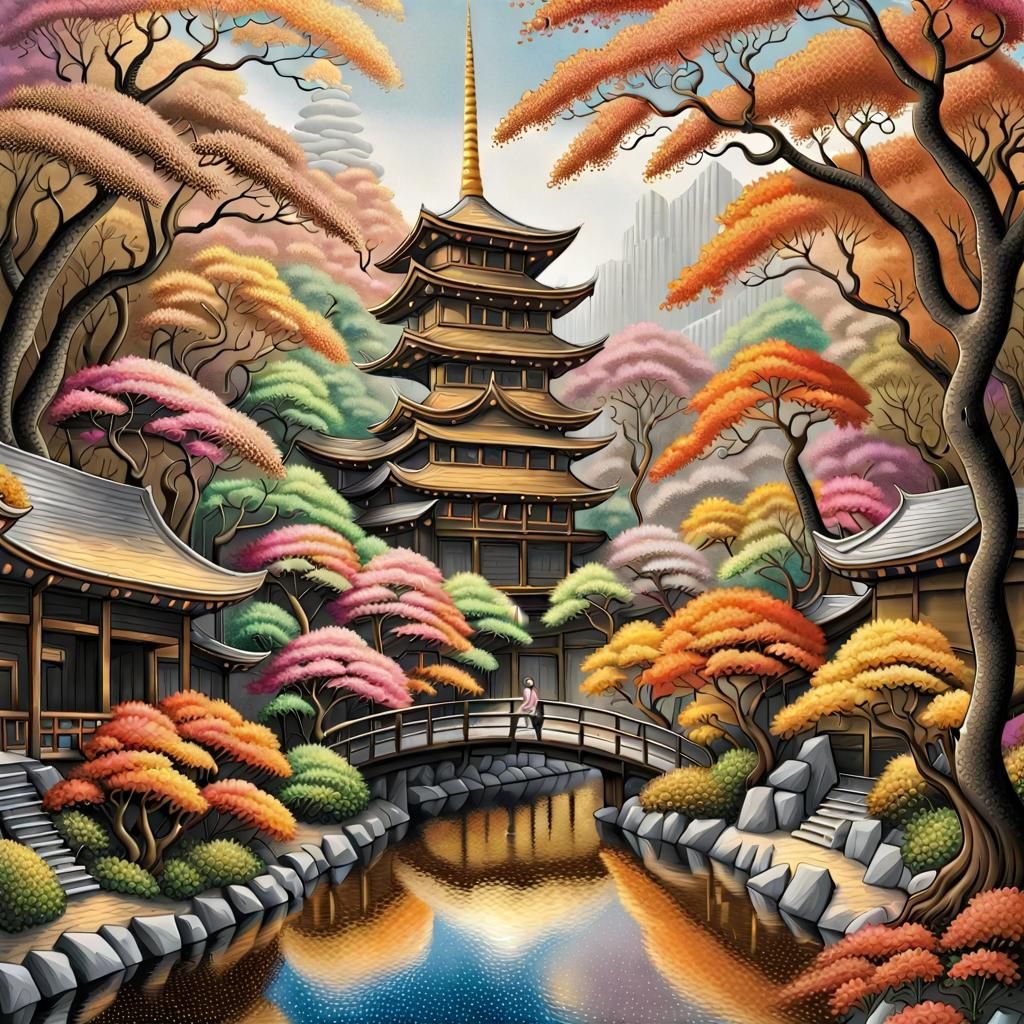 Metallic Japanese Paradise in Pointillism Style