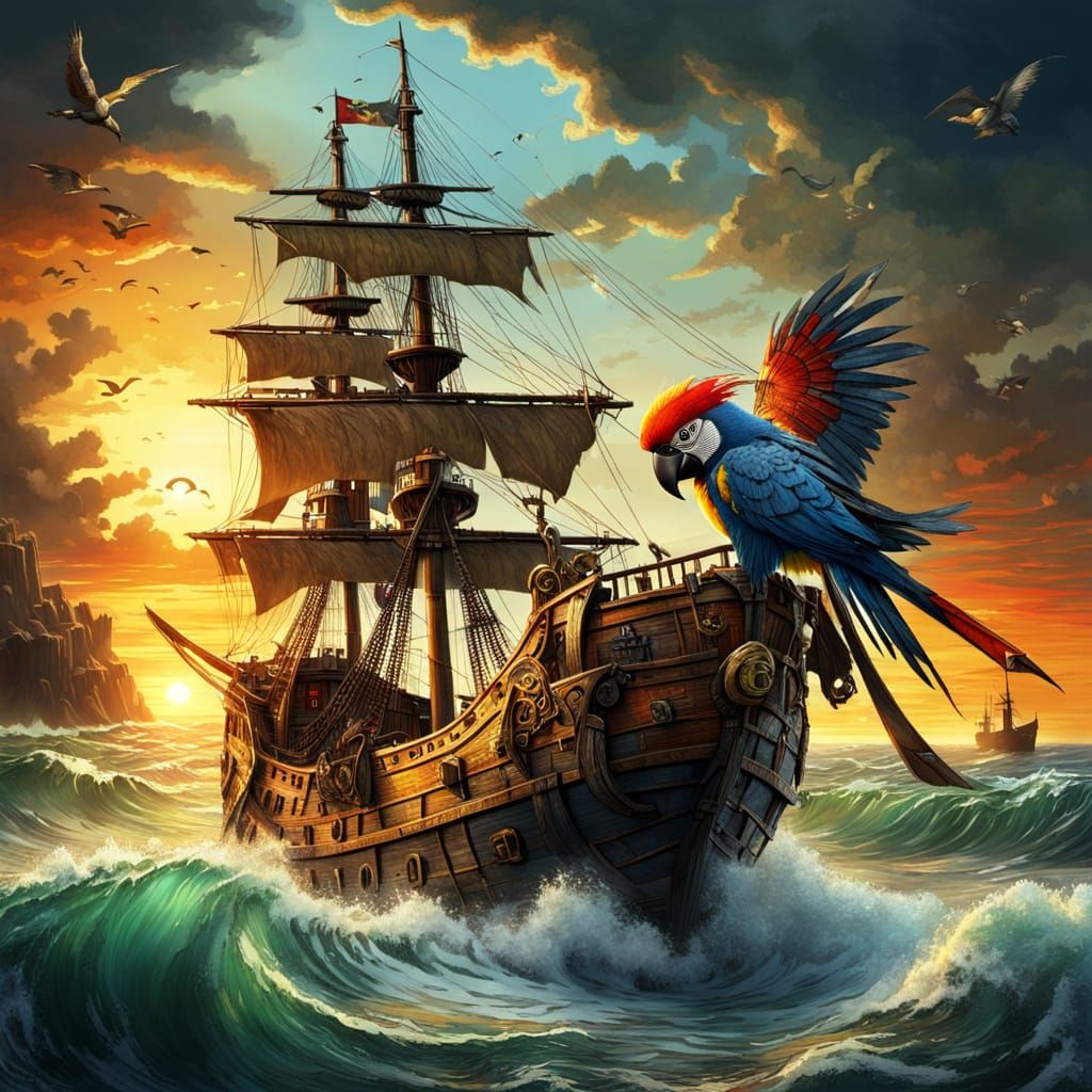 Parrot Pirate Steers Ship in Stormy Seas
