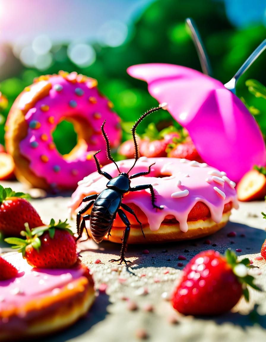 Surreal Pink Cockroach and Giant Donut Macro