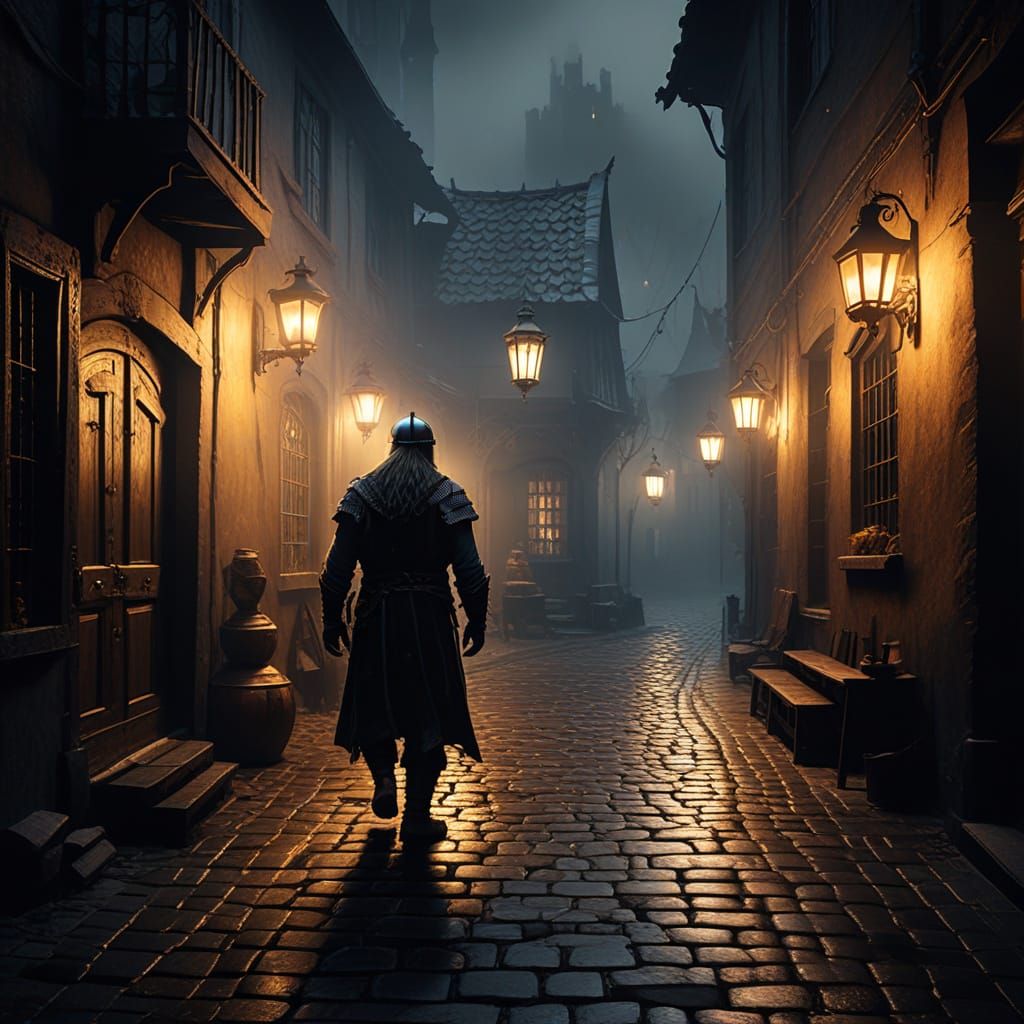 Viking Explorer in Misty Alleyway with Medieval Tavern