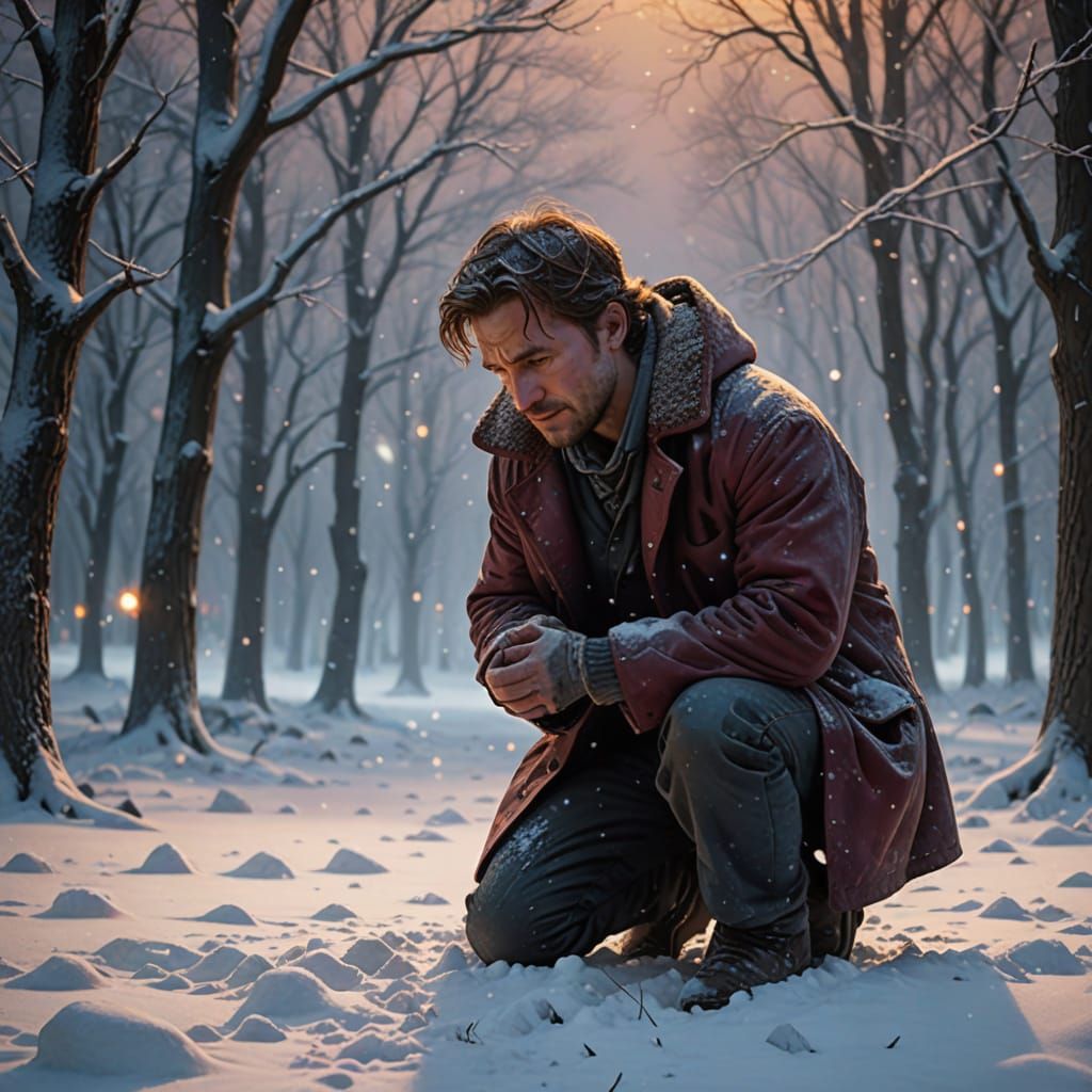 Hauntingly Beautiful Scene of a Wounded Man in Snowy Serenit...